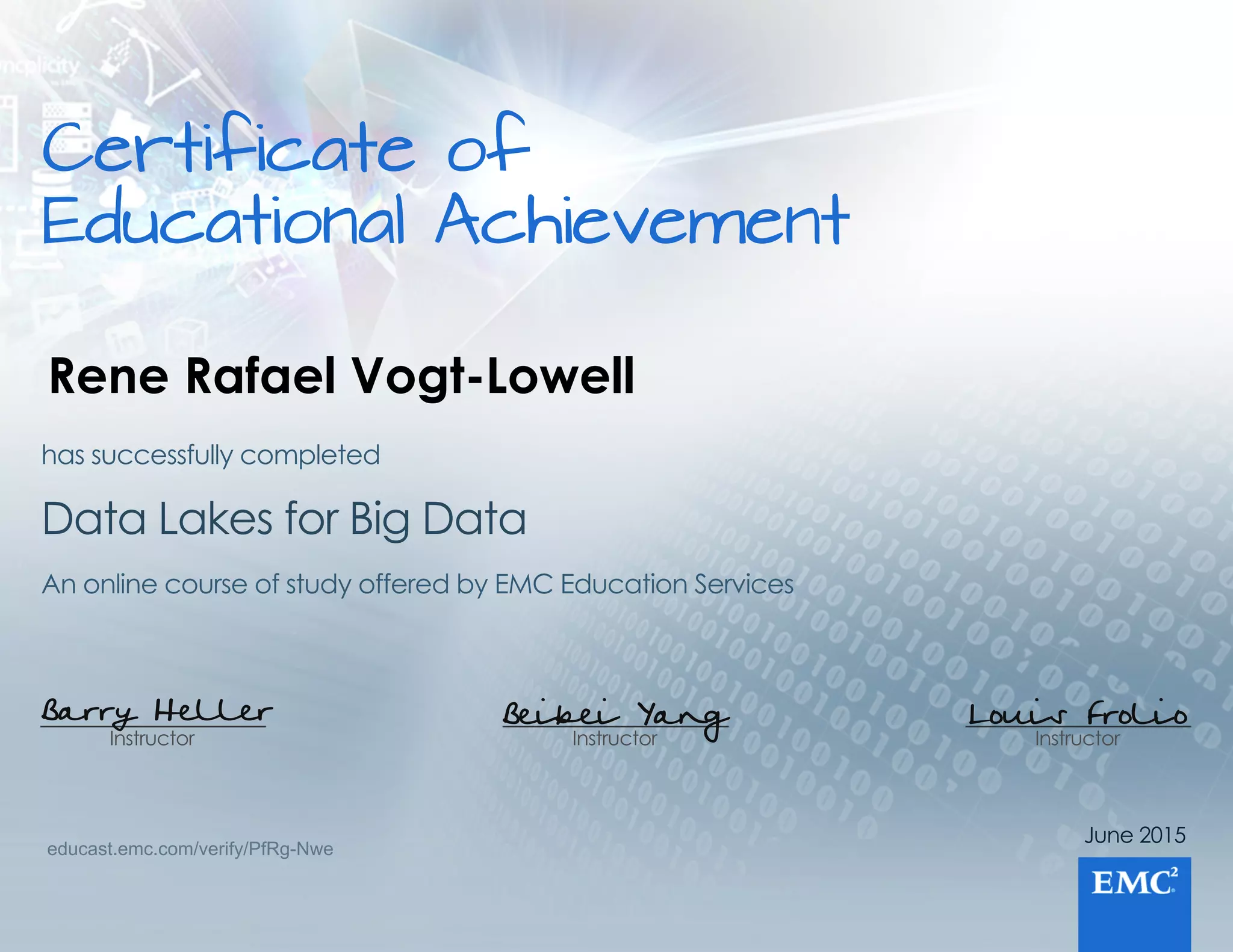 Certificateof
EducationalAchievement
June2015
Instructor
Louis Frolio
Instructor
Beibei Yang
Instructor
Barry Heller
AnonlinecourseofstudyofferedbyEMCEducationServices
DataLakesforBigData
hassuccessfullycompleted
educast.emc.com/verify/PfRg-Nwe
Rene Rafael Vogt-Lowell