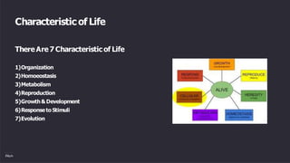 Characteristic of Life
There Are 7 Characteristic of Life
1)Organization
2)Homoeostasis
3)Metabolism
4)Reproduction
5)Growth&Development
6)Responseto Stimuli
7)Evolution
 