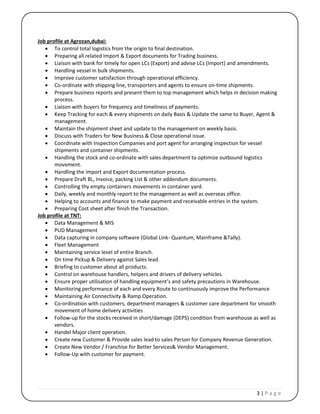3 | P a g e
Job profile at Agrozan,dubai:
 To control total logistics from the origin to final destination.
 Preparing all related Import & Export documents for Trading business.
 Liaison with bank for timely for open LCs (Export) and advise LCs (Import) and amendments.
 Handling vessel in bulk shipments.
 Improve customer satisfaction through operational efficiency.
 Co-ordinate with shipping line, transporters and agents to ensure on-time shipments.
 Prepare business reports and present them to top management which helps in decision making
process.
 Liaison with buyers for frequency and timeliness of payments.
 Keep Tracking for each & every shipments on daily Basis & Update the same to Buyer, Agent &
management.
 Maintain the shipment sheet and update to the management on weekly basis.
 Discuss with Traders for New Business & Close operational issue.
 Coordinate with Inspection Companies and port agent for arranging inspection for vessel
shipments and container shipments.
 Handling the stock and co-ordinate with sales department to optimize outbound logistics
movement.
 Handling the import and Export documentation process.
 Prepare Draft BL, Invoice, packing List & other addendum documents.
 Controlling thy empty containers movements in container yard.
 Daily, weekly and monthly report to the management as well as overseas office.
 Helping to accounts and finance to make payment and receivable entries in the system.
 Preparing Cost sheet after finish the Transaction.
Job profile at TNT:
 Data Management & MIS
 PUD Management
 Data capturing in company software (Global Link- Quantum, Mainframe &Tally).
 Fleet Management
 Maintaining service level of entire Branch.
 On time Pickup & Delivery against Sales lead.
 Briefing to customer about all products.
 Control on warehouse handlers, helpers and drivers of delivery vehicles.
 Ensure proper utilisation of handling equipment’s and safety precautions in Warehouse.
 Monitoring performance of each and every Route to continuously improve the Performance
 Maintaining Air Connectivity & Ramp Operation.
 Co-ordination with customers, department managers & customer care department for smooth
movement of home delivery activities
 Follow-up for the stocks received in short/damage (DEPS) condition from warehouse as well as
vendors.
 Handel Major client operation.
 Create new Customer & Provide sales lead to sales Person for Company Revenue Generation.
 Create New Vendor / Franchise for Better Services& Vendor Management.
 Follow-Up with customer for payment.
 