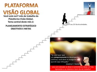 Leia com atenção as dicas e comentários deste 21º dia.
Aproveite-a ao máximo e bom dia de trabalho!
“Se você quer que
um comportamento ou desempenho
continue, você deve se assegurar de
que ele seja reforçado.”
(Aubrey C. Daniels)
Você está no1º mês de trabalho da
Plataforma Visão Global.
Tema central deste mês é:
PLANEJAMENTO ESTRATÉGICO
OBJETIVOS E METAS
Esse é seu 21º dia de atividades.
 