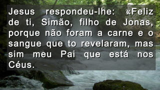 Jesus respondeu-lhe: «FelizJesus respondeu-lhe: «Feliz
de ti, Simão, filho de Jonas,de ti, Simão, filho de Jonas,
porque não foram a carne e oporque não foram a carne e o
sangue que to revelaram, massangue que to revelaram, mas
sim meu Pai que está nossim meu Pai que está nos
Céus.Céus.
 