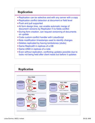 Replication
Replication can be selective and with any server with a copy
Replication conflict detection at document or field level
Push and pull supported
At form design time, can enable automatic merge of
document versions by Replicator if no fields conflict
During form creation, can request versioning of documents
on update
Code custom conflict handler with LotusScript
Note modification timestamps used to identify changes
Deletes replicated by having tombstones (stubs)
Same ReplicaID in replicas of a DB
Same UNID in replicas of a note
Even without replication, conflicting updates possible due to
locks not being held after client reads but before it updates
Replication
Lotus Domino, WICS, mohan 29-30, 8/99
 