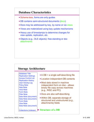 Database Characteristics
Schema less, forms are only guides
DB contains semi-structured documents (docs)
Docs may be addressed by key, by name or via views
Views are materialized using lazy update mechanisms
Heavy use of timestamps to determine changes for
view update, replication, etc.
Objects (e.g., OLE objects): free-standing or doc
attachments
Database Title
Replication Settings
Access Control List
Replication History
User Activity Log
Policy Note
Help Note
View Note
Form Note
Filter Note
Data Note (document)
Data Note (document)
Form Note
View Note
Data Note (document)
. . .
Collections (indexes)
Storage Architecture
A DB = a single self-describing file
Location independent DB contents
Most data stored in machine
independent form on disc - allows
binary file copy across machines
(e.g., RISC and PC)
Docs are also self-describing
Within DB, separate storage of
structured and unstructured (e.g.,
attachments) fields
Structure of a DB
Lotus Domino, WICS, mohan 9-10, 8/99
 