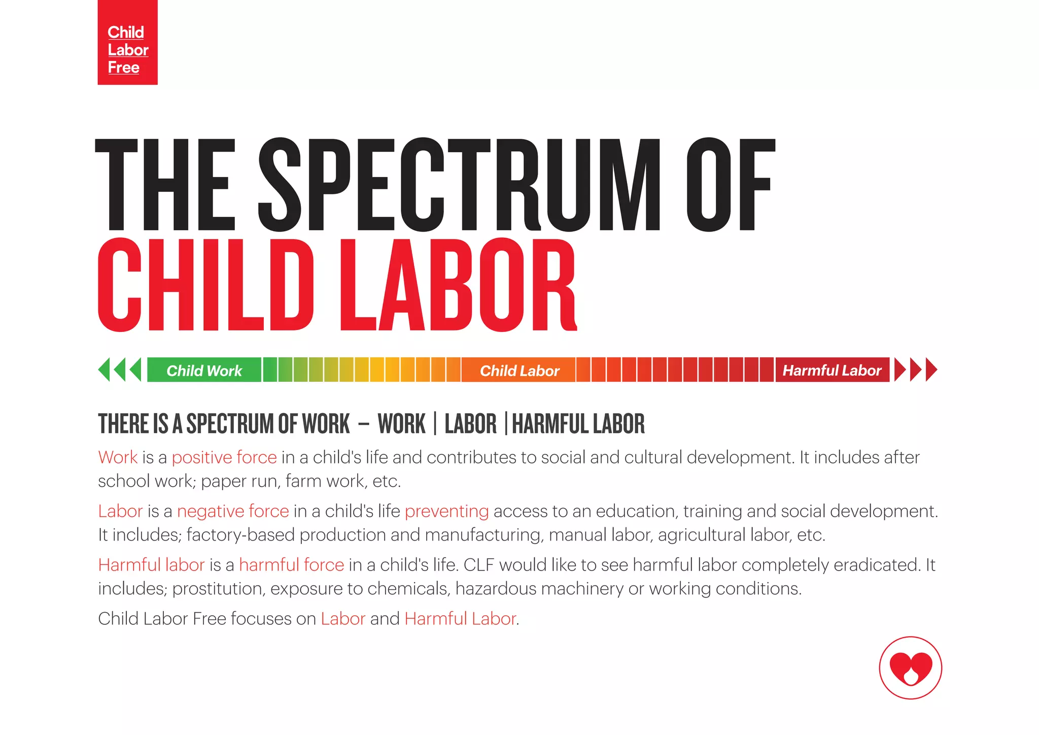 THESPECTRUMOF
CHILDLABORChild Work Child Labor
THEREISASPECTRUMOFWORK - WORK | LABOR |HARMFULLABOR
Work is a positive force in a child's life and contributes to social and cultural development. It includes after
school work; paper run, farm work, etc.
Labor is a negative force in a child's life preventing access to an education, training and social development.
It includes; factory-based production and manufacturing, manual labor, agricultural labor, etc.
Harmful labor is a harmful force in a child's life. CLF would like to see harmful labor completely eradicated. It
includes; prostitution, exposure to chemicals, hazardous machinery or working conditions.
Child Labor Free focuses on Labor and Harmful Labor.
Harmful Labor
 