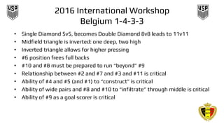 2016 International Workshop
Belgium 1-4-3-3
• Single Diamond 5v5, becomes Double Diamond 8v8 leads to 11v11
• Midfield triangle is inverted: one deep, two high
• Inverted triangle allows for higher pressing
• #6 position frees full backs
• #10 and #8 must be prepared to run “beyond” #9
• Relationship between #2 and #7 and #3 and #11 is critical
• Ability of #4 and #5 (and #1) to “construct” is critical
• Ability of wide pairs and #8 and #10 to “infiltrate” through middle is critical
• Ability of #9 as a goal scorer is critical
 