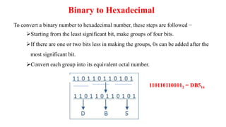 Binary to Hexadecimal
To convert a binary number to hexadecimal number, these steps are followed −
Starting from the least significant bit, make groups of four bits.
If there are one or two bits less in making the groups, 0s can be added after the
most significant bit.
Convert each group into its equivalent octal number.
1101101101012 = DB516
 