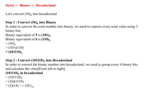 Octal -> Binary -> Hexadecimal
Let's convert (56)8 into hexadecimal
Step 1 : Convert (56)8 into Binary
In order to convert the octal number into binary, we need to express every octal value using 3
binary bits.
Binary equivalent of 5 is (101)2.
Binary equivalent of 6 is (110)2.
= (56)8
= (101)(110)
= (101110)2
Step 2 : Convert (101110)2 into Hexadecimal
In order to convert the binary number into hexadecimal, we need to group every 4 binary bits
and calculate the value[From left to right].
(101110)2 in hexadecimal
= (101110)2
= (10)(1110)
= (2)(14) = = (2E)16
 