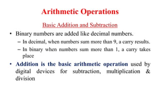 Arithmetic Operations
Basic Addition and Subtraction
• Binary numbers are added like decimal numbers.
– In decimal, when numbers sum more than 9, a carry results.
– In binary when numbers sum more than 1, a carry takes
place
• Addition is the basic arithmetic operation used by
digital devices for subtraction, multiplication &
division
 