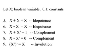 Let X: boolean variable, 0,1: constants
5. X + X = X -- Idepotence
6. X • X = X -- Idepotence
7. X + X’ = 1 -- Complement
8. X • X’ = 0 -- Complement
9. (X’)’ = X -- Involution
 
