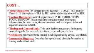 Cont..,
Timer Registers: for Timer0 (16 bit register – TL0 & TH0) and for
Timer1 (16 bit register – TL1 & TH1) four addresses allotted in SFR.
Control Registers: Control registers are IP, IE, TMOD, TCON,
SCON, and PCON.These registers contain control and status
information for interrupts, timers/counters and serial port. Allotted
separate address in SFR.
Timing and Control Unit: This unit derives necessary timing and
control signals for internal circuit and external system bus.
Oscillator: generates basic timing clock signal using crystal oscillator.
Instruction Register: Decodes the opcode and gives information to
timing and control unit .
Triveni,Assistant Professor,Departemnt of ECE,Dr.AIT. 14
 