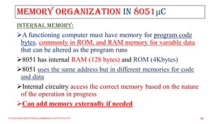 Triveni,Assistant Professor,Departemnt of ECE,Dr.AIT. 20
INTERNAL MEMORY:
commonly in ROM, and RAM memory for variable data
8051 has internal RAM (128 bytes) and ROM (4Kbytes)
8051 uses the same address but in different memories for code
and data
Internal circuitry access the correct memory based on the nature
of the operation in progress
Can add memory externally if needed
Memory organization in 8051μC
 