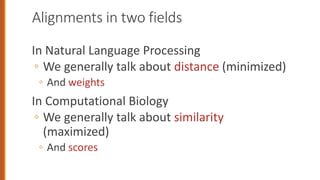 Alignments in two fields
In Natural Language Processing
◦ We generally talk about distance (minimized)
◦ And weights
In Computational Biology
◦ We generally talk about similarity
(maximized)
◦ And scores
 