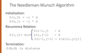 The Needleman-Wunsch Algorithm
Initialization:
D(i,0) = -i * d
D(0,j) = -j * d
Recurrence Relation:
D(i-1,j) - d
D(i,j)= min D(i,j-1) - d
D(i-1,j-1) + s[x(i),y(j)]
Termination:
D(N,M) is distance
 