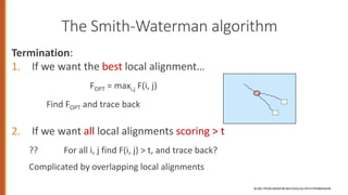 The Smith-Waterman algorithm
Termination:
1. If we want the best local alignment…
FOPT = maxi,j F(i, j)
Find FOPT and trace back
2. If we want all local alignments scoring > t
?? For all i, j find F(i, j) > t, and trace back?
Complicated by overlapping local alignments
SLIDE FROM SERAFIM BATZOGLOU WITH PERMISSION
 
