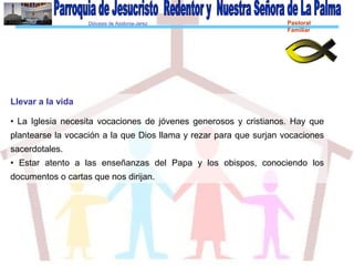 Diócesis de Asidonia-Jerez Pastoral
Familiar
Llevar a la vida
• La Iglesia necesita vocaciones de jóvenes generosos y cristianos. Hay que
plantearse la vocación a la que Dios llama y rezar para que surjan vocaciones
sacerdotales.
• Estar atento a las enseñanzas del Papa y los obispos, conociendo los
documentos o cartas que nos dirijan.
 