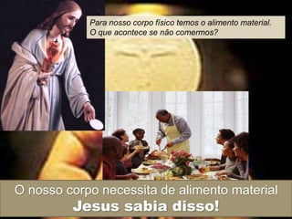 O nosso corpo necessita de alimento material
Jesus sabia disso!
Para nosso corpo físico temos o alimento material.
O que acontece se não comermos?
 
