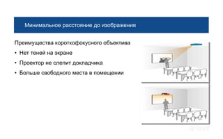 Минимальное расстояние до изображения


Преимущества короткофокусного объектива
• Нет теней на экране
• Проектор не слепит докладчика
• Больше свободного места в помещении
 