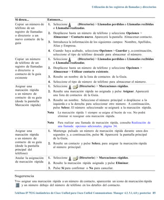 Utilización de los registros de llamadas y directorios



Si desea...                Entonces...
Copiar un número de        1. Seleccione       (Directorio) > Llamadas perdidas o Llamadas recibidas
teléfono de un                o Llamadas realizadas.
registro de llamadas       2. Desplácese hasta un número de teléfono y seleccione Opciones >
o directorio a un             Almacenar > Contacto nuevo. Aparecerá la pantalla Almacenar contacto.
nuevo contacto de la
guía                       3. Introduzca la información de los siguientes campos: Nombre, Apellidos,
                              Alias y Empresa.
                           4. Cuando haya acabado, seleccione Opciones > Guardar y, a continuación,
                              seleccione el tipo de teléfono deseado para almacenar el número.
Copiar un número           1. Seleccione         (Directorio) > Llamadas perdidas o Llamadas recibidas
de teléfono de un             o Llamadas realizadas.
registro de llamadas       2. Desplácese hasta un número de teléfono y seleccione Opciones >
o directorio a                Almacenar > Utilizar contacto existente.
contacto de la guía
existente                  3. Resalte un nombre de la lista de contactos de la Guía.
                           4. Seleccione el tipo de número de teléfono para almacenar el número.
Asignar una                1. Seleccione         (Directorio) > Marcaciones rápidas.
marcación rápida           2. Resalte una marcación rápida no asignada y pulse Asignar. Aparecerá
a un número de                una lista de contactos de la Guía.
contacto de su guía
(desde la pantalla         3. Resalte un nombre. Seleccione el número principal o desplácese a la
Marcación rápida)             izquierda o a la derecha para seleccionar otro número. A continuación,
                              pulse Selecc. El número seleccionado se asignará a la marcación rápida.
                           Nota    La marcación rápida 1 siempre se asigna al buzón de voz. No podrá
                                   eliminar ni reasignar esta marcación rápida.

                           Nota    Para realizar una llamada de marcación rápida, consulte Realización de
                                   una llamada: opciones adicionales, página 34.
Asignar una                1. Mantenga pulsado un número de marcación rápida durante unos dos
marcación rápida              segundos y, a continuación, pulse Sí. Aparecerá la pantalla principal
a un número de                de la Guía.
contacto de su guía        2. Resalte un contacto y pulse Selecc. para asignar la marcación rápida
(desde la pantalla            al número principal.
principal del
teléfono)
Anular la asignación       1. Seleccione             (Directorio) > Marcaciones rápidas.
de marcación rápida        2. Resalte la marcación rápida asignada y pulse Eliminar.
                           3. Pulse Sí para confirmar o No para cancelar.

Sugerencia
Tras asignar una marcación rápida a un número de contacto, aparecerán un icono de marcación rápida
     y un número debajo del número de teléfono en los detalles del contacto.

Teléfono IP 7921G inalámbrico de Cisco Unified para Cisco Unified Communications Manager 4.3, 5.1, 6.0 y posterior 85
 