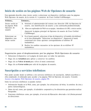 Inicio de sesión en las páginas Web de Opciones de usuario
Este apartado describe cómo iniciar sesión y seleccionar un dispositivo telefónico para las páginas
Web Opciones de usuario de la versión 4.1 o posterior de Cisco Unified CallManager.

Si desea...           Entonces...
Iniciar sesión en      1. Solicítele al administrador del sistema una dirección URL de Opciones de
las páginas Web           usuario, una identificación de usuario y una contraseña predeterminada.
Opciones de            2. Abra un explorador de Web en su equipo, introduzca la URL e inicie sesión.
usuario
                           Aparecerá la página principal de Opciones de usuario de Cisco Unified
                           CallManager.
Seleccionar un         1. En el menú general, seleccione el tipo de dispositivo (el modelo de teléfono)
dispositivo tras          en la lista desplegable “Seleccione un dispositivo”. Aparecerá el menú
iniciar sesión            contextual con varias opciones correspondientes al teléfono IP
                          inalámbrico.
                       2. Realice los cambios necesarios en las opciones de su teléfono IP
                          inalámbrico.


Sugerencias para el desplazamiento por las páginas Web Opciones de usuario
 • Seleccione el dispositivo en la página de menú para ver todas las opciones.
 •   Haga clic en Actualizar para aplicar y conservar los cambios.
 •   Haga clic en Volver al menú para volver al menú contextual.
 •   Haga clic en Cerrar sesión para salir de las páginas de usuario.


Suscripción a servicios telefónicos
Para poder acceder desde su teléfono a los servicios telefónicos de suscripción, deberá suscribirse a
ellos empleando el ordenador para acceder a las páginas Web de Opciones de usuario. Consulte
Acceso a las páginas Web Opciones de usuario, página 90.
Entre los servicios telefónicos se pueden incluir:
 •   Información basada en la Web, como, por ejemplo, las cotizaciones de bolsa, la cartelera de cine y
     partes meteorológicos.
 •   Datos de red, como, por ejemplo, el calendario corporativo y los directorios que permiten realizar
     búsquedas.
 •   Funciones telefónicas como, por ejemplo, el servicio de Marcación abreviada o la Libreta personal
     de direcciones.




88                                                                                             OL-15816-01
 