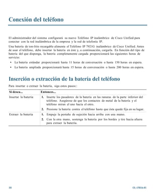 Conexión del teléfono

El administrador del sistema configurará su nuevo Teléfono IP inalámbrico de Cisco Unified para
conectar con la red inalámbrica de la empresa y la red de telefonía IP.
Una batería de ion-litio recargable alimenta el Teléfono IP 7921G inalámbrico de Cisco Unified. Antes
de usar el teléfono, debe insertar la batería en éste y, a continuación, cargarla. En función del tipo de
batería del que disponga, la batería completamente cargada proporcionará las siguientes horas de
servicio:
 •   La batería estándar proporcionará hasta 11 horas de conversación o hasta 150 horas en espera.
 •   La batería ampliada proporcionará hasta 15 horas de conversación o hasta 200 horas en espera.



Inserción o extracción de la batería del teléfono
Para insertar o extraer la batería, siga estos pasos::
Si desea...              Entonces...
Insertar la batería      1. Inserte los pasadores de la batería en las ranuras de la parte inferior del
                            teléfono. Asegúrese de que los contactos de metal de la batería y el
                            teléfono miran el uno hacia el otro.
                         2. Presione la batería contra el teléfono hasta que ésta quede fija en su lugar.
Extraer la batería       1. Empuje la pestaña de sujeción hacia arriba con una mano.
                         2. Con la otra mano, sostenga la batería por los bordes y tire hacia afuera
                            para extraer la batería.




10                                                                                              OL-15816-01
 