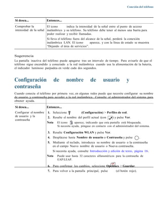 Conexión del teléfono



Si desea...            Entonces...
Comprobar la           El icono       indica la intensidad de la señal entre el punto de acceso
intensidad de la señal inalámbrico y su teléfono. Su teléfono debe tener al menos una barra para
                       poder realizar y recibir llamadas.
                       Si lleva el teléfono fuera del alcance de la señal, perderá la conexión
                       inalámbrica LAN. El icono         aparece, y con la línea de estado se muestra
                       “Dejando el área de servicios”.


Sugerencia
La pantalla inactiva del teléfono puede apagarse tras un intervalo de tiempo. Para avisarle de que el
teléfono sigue encendido y conectado a la red inalámbrica cuando usa la alimentación de la batería,
el indicador luminoso parpadea en verde cada dos segundos.



Configuración                 de      nombre            de        usuario            y
contraseña
Cuando conecta el teléfono por primera vez, en algunas redes puede que necesite configurar su nombre
de usuario y contraseña para acceder a la red inalámbrica. Consulte al administrador del sistema para
obtener ayuda.

Si desea...            Entonces...
Configurar el nombre    1. Seleccione            (Configuración) > Perfiles de red.
de usuario y la         2. Resalte el nombre del perfil actual (con       ) y pulse Ver.
contraseña
                       Nota    El icono      aparece, indicando que esta pantalla está bloqueada.
                               Si necesita ayuda, póngase en contacto con el administrador del sistema.

                        3. Resalte Configuración WLAN y pulse Ver.
                        4. Desplácese hasta Nombre de usuario o Contraseña y pulse             .
                        5. Mediante el teclado, introduzca su nombre de usuario o la contraseña
                           en el campo Nuevo nombre de usuario o Nueva contraseña.
                            Si necesita ayuda, consulte Introducción y edición de texto, página 16.
                       Nota    Puede usar hasta 32 caracteres alfanuméricos para la contraseña de
                               EAP/LEAP.

                        6. Para confirmar los cambios, seleccione Opciones > Guardar.
                        7. Para volver a la pantalla principal, pulse       (el botón rojo).
 