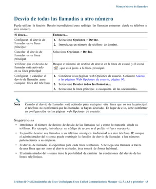Manejo básico de llamadas



Desvío de todas las llamadas a otro número
Puede utilizar la función Desvío incondicional para redirigir las llamadas entrantes desde su teléfono a
otro número.
Si desea...                       Entonces...
Configurar el desvío de           1. Seleccione Opciones > DsvInc.
llamadas en su línea              2. Introduzca un número de teléfono de destino.
principal
Cancelar el desvío de             Seleccione Opciones > DsvInc.
llamadas en su línea
principal
Verificar que el desvío de        Busque el número de destino de desvío en la línea de estado y el icono
llamadas está activado                , que está junto a la línea principal.
en su línea principal
Configurar o cancelar el          1. Conéctese a las páginas web Opciones de usuario. Consulte Acceso
desvío de llamadas para              a las páginas Web Opciones de usuario, página 90.
cualquier línea del teléfono      2. Seleccione Desviar todas las llamadas...
                                  3. Seleccione la línea principal o cualquiera de las secundarias.




Nota     Cuando el desvío de llamadas esté activado para cualquier otra línea que no sea la principal,
         el teléfono no confirmará que las llamadas se hayan desviado. En lugar de ello, debe confirmar
         su configuración en las páginas web Opciones de usuario.


Sugerencias
 • Introduzca el número de destino de desvío de las llamadas tal y como lo marcaría desde su
   teléfono. Por ejemplo, introduzca un código de acceso o el prefijo si fuera necesario.
 •   Es posible desviar sus llamadas a un teléfono analógico tradicional o a otro teléfono IP, aunque
     el administrador del sistema puede restringir la función de desvío de llamadas a los números
     pertenecientes a su empresa.
 •   El desvío de llamadas es específico para cada línea telefónica. Si le llega una llamada a través
     de una línea que no tiene el desvío activado, ésta sonará de forma habitual.
 •   El administrador del sistema tiene la posibilidad de cambiar las condiciones del desvío de las
     líneas telefónicas.




Teléfono IP 7921G inalámbrico de Cisco Unified para Cisco Unified Communications Manager 4.3, 5.1, 6.0 y posterior 43
 