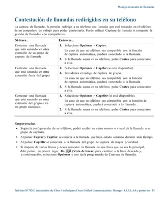 Manejo avanzado de llamadas



Contestación de llamadas redirigidas en su teléfono
La captura de llamadas le permite redirigir a su teléfono una llamada que esté sonando en el teléfono
de un compañero de trabajo para poder contestarla. Puede utilizar Captura de llamada si comparte la
gestión de llamadas con compañeros.

Si desea...                         Entonces...
Contestar una llamada                1. Seleccione Opciones > Captur.
que está sonando en otra                 En caso de que su teléfono sea compatible con la función
extensión de su grupo de                 de captura automática, quedará conectado a la llamada.
captura de llamada
                                     2. Si la llamada suena en su teléfono, pulse Contes para conectarse
                                        a ella.
Contestar una llamada                1. Seleccione Opciones > CaptGr (si está disponible).
que está sonando en otra             2. Introduzca el código de captura de grupo.
extensión fuera del grupo
                                         En caso de que su teléfono sea compatible con la función
                                         de captura automática, quedará conectado a la llamada.
                                     3. Si la llamada suena en su teléfono, pulse Contes para conectarse
                                        a ella.
Contestar una llamada                1. Seleccione Opciones > CaptOtr (si está disponible).
que esté sonando en otra                 En caso de que su teléfono sea compatible con la función de
extensión del grupo o en                 captura automática, quedará conectado a la llamada.
un grupo asociado.
                                     2. Si la llamada suena en su teléfono, pulse Contes para conectarse
                                        a ella.


Sugerencias
 • Según la configuración de su teléfono, podrá recibir un aviso sonoro o visual de la llamada a su
   grupo de captura.
 •   Al pulsar Captur y CaptGr, se conecta a la llamada que haya estado sonando durante más tiempo.
 •   Al pulsar CaptOtr se conectará a la llamada del grupo de captura de mayor prioridad.
 •   Si dispone de varias líneas y desea contestar la llamada en una línea que no sea la principal,
     debe pulsar, en primer lugar,          (Vista de líneas) para cambiar a la línea deseada y,
     a continuación, seleccione Opciones y una tecla programada de Captura de llamada.




Teléfono IP 7921G inalámbrico de Cisco Unified para Cisco Unified Communications Manager 4.3, 5.1, 6.0 y posterior 53
 