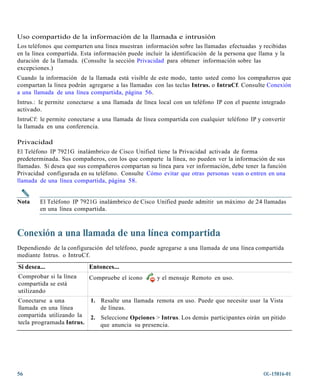 Uso compartido de la información de la llamada e intrusión
Los teléfonos que comparten una línea muestran información sobre las llamadas efectuadas y recibidas
en la línea compartida. Esta información puede incluir la identificación de la persona que llama y la
duración de la llamada. (Consulte la sección Privacidad para obtener información sobre las
excepciones.)
Cuando la información de la llamada está visible de este modo, tanto usted como los compañeros que
compartan la línea podrán agregarse a las llamadas con las teclas Intrus. o IntruCf. Consulte Conexión
a una llamada de una línea compartida, página 56.
Intrus.: le permite conectarse a una llamada de línea local con un teléfono IP con el puente integrado
activado.
IntruCf: le permite conectarse a una llamada de línea compartida con cualquier teléfono IP y convertir
la llamada en una conferencia.

Privacidad
El Teléfono IP 7921G inalámbrico de Cisco Unified tiene la Privacidad activada de forma
predeterminada. Sus compañeros, con los que comparte la línea, no pueden ver la información de sus
llamadas. Si desea que sus compañeros compartan su línea para ver información, debe tener la función
Privacidad configurada en su teléfono. Consulte Cómo evitar que otras personas vean o entren en una
llamada de una línea compartida, página 58.


Nota    El Teléfono IP 7921G inalámbrico de Cisco Unified puede admitir un máximo de 24 llamadas
        en una línea compartida.



Conexión a una llamada de una línea compartida
Dependiendo de la configuración del teléfono, puede agregarse a una llamada de una línea compartida
mediante Intrus. o IntruCf.
Si desea...                Entonces...
Comprobar si la línea      Compruebe el icono        y el mensaje Remoto en uso.
compartida se está
utilizando
Conectarse a una           1. Resalte una llamada remota en uso. Puede que necesite usar la Vista
llamada en una línea          de líneas.
compartida utilizando la   2. Seleccione Opciones > Intrus. Los demás participantes oirán un pitido
tecla programada Intrus.      que anuncia su presencia.




56                                                                                           OL-15816-01
 