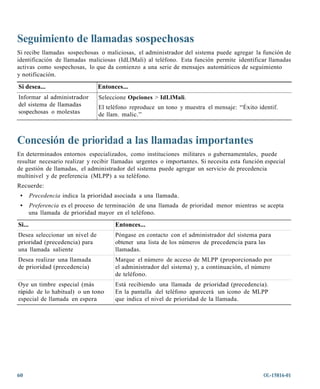 Seguimiento de llamadas sospechosas
Si recibe llamadas sospechosas o maliciosas, el administrador del sistema puede agregar la función de
identificación de llamadas maliciosas (IdLlMali) al teléfono. Esta función permite identificar llamadas
activas como sospechosas, lo que da comienzo a una serie de mensajes automáticos de seguimiento
y notificación.

Si desea...                      Entonces...
Informar al administrador        Seleccione Opciones > IdLlMali.
del sistema de llamadas          El teléfono reproduce un tono y muestra el mensaje: “Éxito identif.
sospechosas o molestas           de llam. malic.”



Concesión de prioridad a las llamadas importantes
En determinados entornos especializados, como instituciones militares o gubernamentales, puede
resultar necesario realizar y recibir llamadas urgentes o importantes. Si necesita esta función especial
de gestión de llamadas, el administrador del sistema puede agregar un servicio de precedencia
multinivel y de preferencia (MLPP) a su teléfono.
Recuerde:
 •      Precedencia indica la prioridad asociada a una llamada.
 •      Preferencia es el proceso de terminación de una llamada de prioridad menor mientras se acepta
        una llamada de prioridad mayor en el teléfono.

Si...                                  Entonces...
Desea seleccionar un nivel de          Póngase en contacto con el administrador del sistema para
prioridad (precedencia) para           obtener una lista de los números de precedencia para las
una llamada saliente                   llamadas.
Desea realizar una llamada             Marque el número de acceso de MLPP (proporcionado por
de prioridad (precedencia)             el administrador del sistema) y, a continuación, el número
                                       de teléfono.
Oye un timbre especial (más            Está recibiendo una llamada de prioridad (precedencia).
rápido de lo habitual) o un tono       En la pantalla del teléfono aparecerá un icono de MLPP
especial de llamada en espera          que indica el nivel de prioridad de la llamada.




60                                                                                             OL-15816-01
 