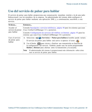 Manejo avanzado de llamadas



Uso del servicio de pulsar para hablar
El servicio de pulsar para hablar proporciona una comunicación inmediata (similar a la de una radio
bidireccional) con los miembros de su empresa. Su administrador del sistema debe configurar el
servicio de pulsar para hablar mediante una aplicación XML y, a continuación, suscribirle a este
servicio.

Si desea...           Entonces...
Acceder al            Consulte Suscripción a servicios telefónicos, página 88 para los sistemas que usan
servicio de pulsar    Cisco Unified CallManager 4.1 o posterior.
para hablar           Consulte Configuración de servicios del teléfono en Internet, página 95 para los
                      sistemas que usan Cisco Unified CallManager 5.0 o posterior.
Usar el servicio      1. Seleccione              (Servicios) > Pulsar para hablar(el nombre puede variar).
de pulsar para             El servicio de pulsar para hablar está activo si aparece el icono            .
hablar
                      2. Use el botón       para iniciar y finalizar una transmisión en función de
                         la configuración del servicio. También puede usar las teclas programadas
                         Hablar y Detener para alternar entre la transmisión y la escucha.
                      Nota    El administrador del sistema le proporcionará más información sobre cómo
                              usar su servicio de pulsar para hablar.




Teléfono IP 7921G inalámbrico de Cisco Unified para Cisco Unified Communications Manager 4.3, 5.1, 6.0 y posterior 65
 