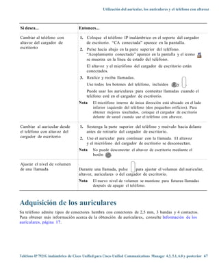 Utilización del auricular, los auriculares y el teléfono con altavoz



Si desea...                         Entonces...

Cambiar al teléfono con              1. Coloque el teléfono IP inalámbrico en el soporte del cargador
altavoz del cargador de                 de escritorio. “CA conectada” aparece en la pantalla.
escritorio                           2. Pulse hacia abajo en la parte superior del teléfono.
                                        “Acoplamiento conectado” aparece en la pantalla y el icono
                                        se muestra en la línea de estado del teléfono.
                                         El altavoz y el micrófono del cargador de escritorio están
                                         conectados.
                                     3. Realice y reciba llamadas.
                                         Use todos los botones del teléfono, incluidos            y     .
                                         Puede usar los auriculares para contestar llamadas cuando el
                                         teléfono esté en el cargador de escritorio.
                                    Nota     El micrófono interno de única dirección está ubicado en el lado
                                             inferior izquierdo del teléfono (dos pequeños orificios). Para
                                             obtener mejores resultados, coloque el cargador de escritorio
                                             delante de usted cuando use el teléfono con altavoz.

Cambiar al auricular desde           1. Sostenga la parte superior del teléfono y muévalo hacia delante
el teléfono con altavoz del             antes de retirarlo del cargador de escritorio.
cargador de escritorio               2. Use el auricular para continuar con la llamada. El altavoz
                                        y el micrófono del cargador de escritorio se desconectan.
                                    Nota     No puede desconectar el altavoz de escritorio mediante el
                                             botón    .

Ajustar el nivel de volumen
de una llamada                      Durante una llamada, pulse      para ajustar el volumen del auricular,
                                    altavoz, auriculares o del cargador de escritorio.
                                    Nota     El nuevo nivel de volumen se mantiene para futuras llamadas
                                             después de apagar el teléfono.



Adquisición de los auriculares
Su teléfono admite tipos de conectores hembra con conectores de 2,5 mm, 3 bandas y 4 contactos.
Para obtener más información acerca de la obtención de auriculares, consulte Información de los
auriculares, página 17.




Teléfono IP 7921G inalámbrico de Cisco Unified para Cisco Unified Communications Manager 4.3, 5.1, 6.0 y posterior 67
 