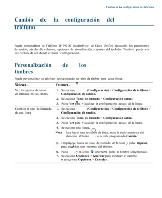 Cambio de la configuración del teléfono



Cambio de                    la      configuración                   del
teléfono

Puede personalizar su Teléfono IP 7921G inalámbrico de Cisco Unified ajustando los parámetros
de sonido, niveles de volumen, opciones de visualización y ajustes del teclado. También puede ver
sus Perfiles de red desde el menú Configuración.



Personalización                     de         los
timbres
Puede personalizar su teléfono seleccionando un tipo de timbre para cada línea.
Si desea...                  Entonces...
Ver los ajustes de tono       1. Seleccione        (Configuración) > Configuración de teléfono >
de llamada en sus líneas         Configuración de sonido.
                              2. Seleccione Tono de llamada > Configuración actual.
                              3. Pulse Ver para visualizar la configuración actual de la línea.
Cambiar el tono de llamada    1. Seleccione        (Configuración) > Configuración de teléfono >
de una línea                     Configuración de sonido.
                              2. Seleccione Tono de llamada > Configuración actual.
                              3. Pulse Ver para visualizar la configuración actual de la línea.
                              4. Seleccione una línea.
                             Nota    Para hacer una selección de línea, pulse la tecla numérica del
                                     elemento, el botón     , o la tecla programada Cambiar.

                              5. Desplácese hasta un tono de llamada de la lista y pulse Reprod.
                                 para escuchar una muestra del timbre.
                              6. Pulse     , y el icono  aparecerá junto al timbre seleccionado.
                              7. Seleccione Opciones > Guardar para efectuar el cambio,
                                 o seleccione Opciones > Cancelar.
 