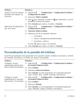 Si desea...                     Entonces...
Ajustar el nivel de volumen     1. Seleccione        (Configuración) > Configuración de teléfono >
del timbre del cargador de         Configuración de sonido.
escritorio                      2. Seleccione Timbre acoplado.
                                3. Pulse    para aumentar el volumen o       para disminuirlo y oír una
                                   muestra del volumen del timbre.
                                4. Pulse Guardar para realizar el cambio o Cancelar.
Seleccionar los dispositivos    1. Seleccione        (Configuración) > Configuración de teléfono >
que van a sonar                    Configuración de sonido.
                                2. Seleccione Salida de timbre.
                                3. Seleccione una de las siguientes opciones:
                                         •    Auriculares
                                         •    Altavoz (configuración predeterminada)
                                         •    Auriculares y altavoz
                                   El icono   aparece junto a su selección.
                                4. Pulse Guardar para realizar el cambio o Cancelar.



Personalización de la pantalla del teléfono
Es posible personalizar la tecla programada de la izquierda (cuando el teléfono está inactivo), el brillo
de la pantalla del teléfono y el idioma que muestra esta pantalla.

Si desea...                     Entonces...
Configurar la tecla             1. Seleccione        (Configuración) > Configuración de teléfono >
programada izquierda para          Personalizar Página de inicio.
abrir la Libreta de teléfonos   2. Pulse Cambiar.
                                3. Seleccione Libreta de teléfonos.
                                4. Pulse Guardar. La tecla programada de la izquierda aparecerá
                                   como “Libreta tfnos” cuando el teléfono esté inactivo.
Configurar la tecla             1. Seleccione        (Configuración) > Configuración de teléfono >
programada de la izquierda         Personalizar Página de inicio.
para acceder a los mensajes     2. Pulse Cambiar.
                                3. Seleccione Mensaje.
                                4. Pulse Guardar. La tecla programada de la izquierda aparecerá
                                   como “Mensaje” cuando el teléfono esté inactivo.



72                                                                                              OL-15816-01
 