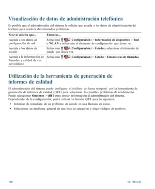 Visualización de datos de administración telefónica
Es posible que el administrador del sistema le solicite que acceda a los datos de administración del
teléfono para resolver determinados problemas.
Si se le solicita que...       Entonces...
Acceda a los datos de          Seleccione      (Configuración) > Información de dispositivo > Red
configuración de red           o WLAN y seleccione el elemento de configuración que desea ver.
Acceda a los datos de          Seleccione        (Configuración) > Estado y seleccione el elemento de
estado                         estado que desea ver.
Acceda a la información de     Seleccione        (Configuración) > Estado > Estadísticas de llamadas.
llamadas y calidad de voz
del teléfono



Utilización de la herramienta de generación de
informes de calidad
El administrador del sistema puede configurar el teléfono de forma temporal con la herramienta de
generación de informes de calidad (QRT) para solucionar los posibles problemas de rendimiento.
Puede seleccionar Opciones > QRT para enviar información al administrador del sistema.
Dependiendo de la configuración, podrá utilizar la función QRT para lo siguiente:
 •    Informar de inmediato de un problema de sonido en una llamada en curso.
 •    Seleccionar un problema general de una lista de categorías y elegir códigos de motivos.




108                                                                                             OL-15816-01
 
