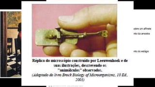 A CIÊNCIA DA
MICROBIOLOGIA
 1665, Robert Hooke – Teoria Celular
 Todas as coisas vivas são compostas por células
 1673-1723, Anton Van Leeuwenhoek – Observação de “Animálculos”
 Desenhos de “animálculos” visto em água da chuva, fezes e raspa de dente
 