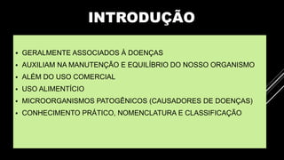 INTRODUÇÃO
 GERALMENTE ASSOCIADOS À DOENÇAS
 AUXILIAM NA MANUTENÇÃO E EQUILÍBRIO DO NOSSO ORGANISMO
 ALÉM DO USO COMERCIAL
 USO ALIMENTÍCIO
 MICROORGANISMOS PATOGÊNICOS (CAUSADORES DE DOENÇAS)
 CONHECIMENTO PRÁTICO, NOMENCLATURA E CLASSIFICAÇÃO
 