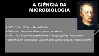 A CIÊNCIA DA
MICROBIOLOGIA
 1665, Robert Hooke – Teoria Celular
 Todas as coisas vivas são compostas por células
 1673-1723, Anton Van Leeuwenhoek – Observação de “Animálculos”
 Desenhos de “animálculos” visto em água da chuva, fezes e raspa de dente
 