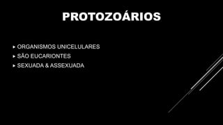 PROTOZOÁRIOS
 ORGANISMOS UNICELULARES
 SÃO EUCARIONTES
 SEXUADA & ASSEXUADA
 