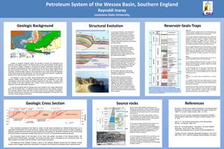 Petroleum System of the Wessex Basin, Southern England
Raynaldi Inaray
Louisiana State University
Geologic Background
Located in Southern England, within the counties of Dorset and Hampshire and
extends to the English channel, the Wessex basin covers approximately 40.000 square
km of Southern England. Roughly a north-south rift system, extensional reactivation of
the Variscan compressional structure is believed to be one of the major components of
the early evolution of the basin. The relative motion of the African plate relative to the
European continental plate however, was recognized to be a major driving development
of the basin during the late Cretaceous. The red cross section line (above) is roughly the
location of the main sub-basins located from north to south.
The Wessex is a part of a wider intracontinental basin that overlies a sector of the
Variscan foldbelt system which was metamorphosed and consolidated in the late
carboniferous period which makes an effective basement for the basin. The basin itself
was initiated in the late Paleozoic and contains various sedimentary sequences of
Paleozoic-Cenozoic sedimentary sequence.
It was first perceived that the Wessex basin was thought to be a single depositional
basin with the Weald basin, a neighboring basin located close to the Wessex, because
the boundary between these two were unclear during the first petroleum exploration.
However, differences can be seen from the sedimentary stratigraphy of the permian until
the early Triassic between both basins.
Geologic Cross Section
Fault controlled subsidence that leads to mainly normal faults developed the Wessex-Weald basin as an
asymmetric half grabens and horst structures. Initiated around the Permian-triassic period, the basin underlies a
regional upwarps that were formed by bulk shortening of the graben-fill. Reversal movement of the normal faults
during the tertiary compression creates folds that are in the form of monoclinal and periclinal flexures.
This eventually leads to the formation of four main half graben sub-basins of the Wessex-Weald. The
southernmost Portland-wight sub-basin, the Dorset sub-basin that is concealed by the Cranbourne fault, the
Mere (wardour) sub-basin, and the northern most Pewsey sub-basins.
The basement of the Wessex Overlies a sector of the Variscan foldbelt, formed post the Variscan thrusts,
however some suggest extensional reactivation of Variscan thrust influence the Wessex basin overall structure.
Structural Evolution Reservoir-Seals-Traps
1.) During the Permian, semi arid/desert
sedimentation currently known as the
Exmouth and Dawlish group consisted of
mostly breccias and sandstones marked
the beginning of a volcanic series that the
basin was entering. Most of the Permo-
Triassic strata that is present in the in basin
are desert facies.
2.) The upper Triassic marine
transgression marked the first onset of
marine sedimentation within the Wessex.
Shallow marine sedimentation then
appeared at the Jurassic period which
starts at the lower Liassic strata up to the
Kimmeride clay formation.
3.) Concurrent sedimentation along with an
ongoing tectonic activity, these strata were
effected by syn-sedimentary extensional
faulting trending east-west. This leads to a
tectonic inversion that began on the early
tertiary where folding due north of the
structure is very distinctive.
4.) The upper cretaceous chalk group
deposition is followed by further faulting
and tilting trending north
5.) Early tertiary marks the tectonic
inversion that subsequently ended the
development of the basin. In the late
Oligocene, the Alpine collision lead to
uplifting of the region and folding due
north. The picture on the left shows an
area along the coast of southern England
(Durdle door, west of Lulworth cove) that
shows the distinctive folding caused by the
Alpine collision
Source rocks References
Source rocks of high potential hydrocarbons in the
Wessex basin are found in various sub-basins because
of migration pathways formed. These source rocks are
found mainly in the Jurassic period and are commonly
grouped into 3:
1.) The lower Liassic clays which contains 7.36% of
TOC. Deposited in an oxygen deficient waters, it lacks
benthic faunal activity and are found in various level of
maturity on which sub-basin it is found.
2.) The upper Jurassic Oxford clay that contains up to
12.21% of TOC. Containing bituminous shales,
mudstones, and siltstones. The changing lithology as it
continues upwards were caused by the re-oxygenation
of the water during deposition; kerogen type II, III are
present although the oxford mostly falls in the oil
generation window (immature)
3.) The Kimmeridge clay with a TOC up to 20% are rich
in organic matter. It is mostly derived from marine
planktons that contains an oil prone sapropelic kerogen.
It is mostly compried of calcareous mudstones,
limestones, sandstones, and siltstones. The kimmeridge
is largely immature.
Reservoir:
There are currently 2 existing reservoirs in the Wessex basin: The
Triassic Sherwood sandstone group and the Jurassic Bridport
sands group shown in the blue arrow on the left picture.
1.) The Triassic Sherwood sandstone group has a thickness of
approximately 100-300 m of a thick red bed succession that was
deposited in semi arid conditions. It indicates a variety of past
geologic environments but suggests mainly an alluvial or a
lacustrine environment deposition. This group produces an
economically recoverable petroleum production only at Wytch
farm oilfield with porosity up to 29% and up to several darcies
2.) The Jurassic Bridport sands are mostly comprised of a finer
grained sediment. Porosity ranges up to 32% and permeability
ranges up to 300 mD. Unlike the Sherwood sandstone, the
Bridport sands were deposited under shallow marine conditions.
With a thickness approximately 35-100+ m, the Bridport sands act
as the main reservoir in smaller discoveries in the county of
Dorset.
Seals:
An effective mudstone layer and clay formation acts as a seal to
keep the hydrocarbons in both of the reservoirs intact.
1.) The Mercia mudstone group acts as a seal of the the
Sherwood sandstone reservoir. This group comprises of various
lithology mixing. Mudstones, sandstones, siltstones and halites
are some of the few identified.
2.) The Kimmeridge clay acts as a seal of the Bridport sands
reservoir. Deposited as a fossiliferous marine clay, the
Kimmeridge is a very economically important rock unit as it is also
a major source rock for various oilfields around the North sea
hydrocarbon province.
Traps:
The traps in the Wessex basin are differentiated in 2 different
types:
1.) Upfaulted tilt blocks and horst initiated during the Triassic
times and were formed during the active extensional phases of
basin subsidence. The strata are tectonically undisturbed hence
the seals are unbreachable
2.) Monoclines and periclinal structures formed during the tertiary
inversion structures. These beds are cut through by a reverse
fault which can be unaffected, but mostly it alters hydrocarbon
prospects. Hydrocarbons may migrate through the fracture
system and/or water may invade from the surface.
Stoneley, R. Review of the Habitat of Petroleum in the Wessex Basin:
Implications for Exploration: Proceedings of the Ussher Society 8(1)
1992 P.1-6. London: Ussher Society, 1992. 1-6. Print.
Harvey, Toni, and Joy Gray. Hydrocarbon Prospectivity of Britain's
Onshore Basins. Department of Energy & Climate Change, 2014. 1-
77. Print.
Lake, S. D. The Structure and Evolution of the Wessex Basin.
Durham: U of Durham, 1985. Print.
West, Ian. "Oil South England - Introduction." Oil South England -
Introduction. 28 Oct. 2014. Web. 8 Nov. 2014.
<http://www.southampton.ac.uk/~imw/Oil-South-of-England.htm>.
"Geology of Dorset." Wikipedia. Wikimedia Foundation, 2 Nov. 2014.
Web. 8 Nov. 2014. <http://en.wikipedia.org/wiki/Geology_of_Dorset>.
 