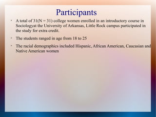 Participants

A total of 31(N = 31) college women enrolled in an introductory course in
Sociologyat the University of Arkansas, Little Rock campus participated in
the study for extra credit.

The students ranged in age from 18 to 25

The racial demographics included Hispanic, African American, Caucasian and
Native American women
 