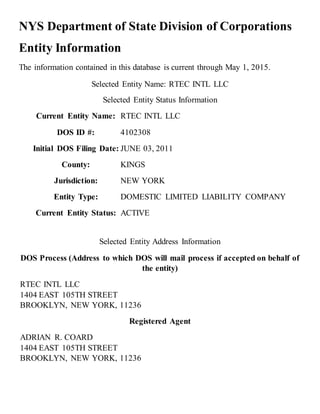 NYS Department of State Division of Corporations
Entity Information
The information contained in this database is current through May 1, 2015.
Selected Entity Name: RTEC INTL LLC
Selected Entity Status Information
Current Entity Name: RTEC INTL LLC
DOS ID #: 4102308
Initial DOS Filing Date: JUNE 03, 2011
County: KINGS
Jurisdiction: NEW YORK
Entity Type: DOMESTIC LIMITED LIABILITY COMPANY
Current Entity Status: ACTIVE
Selected Entity Address Information
DOS Process (Address to which DOS will mail process if accepted on behalf of
the entity)
RTEC INTL LLC
1404 EAST 105TH STREET
BROOKLYN, NEW YORK, 11236
Registered Agent
ADRIAN R. COARD
1404 EAST 105TH STREET
BROOKLYN, NEW YORK, 11236
 