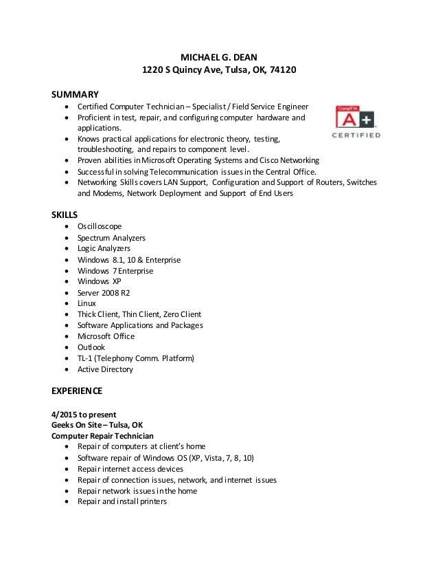michael dean a resume 1 computer hardware repair specialist resume