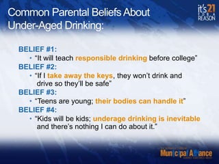 Common Parental Beliefs About Under-Aged Drinking:Belief #1:“It will teach responsible drinkingbefore college”Belief #2:“If I take away the keys, they won’t drink and  drive so they’ll be safe”Belief #3:“Teens are young; their bodies can handle it”Belief #4:“Kids will be kids; underage drinking is inevitableand there’s nothing I can do about it.”Belief  # 1: Teach Responsible DrinkingAlcoholuse prior to college correlates to heavy drinking during college*Alcoholism