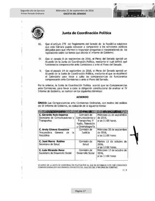 Segundo año de Ejercicio
Primer Periodo Ordinario
Miércoles 21 de septiembre de 2016
GACETA DEL SENADO
Página 17
 