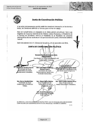 Segundo año de Ejercicio
Primer Periodo Ordinario
Miércoles 21 de septiembre de 2016
GACETA DEL SENADO
Página 18
 