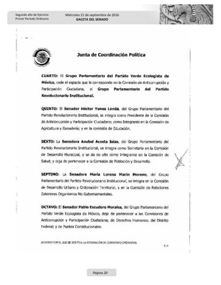 Segundo año de Ejercicio
Primer Periodo Ordinario
Miércoles 21 de septiembre de 2016
GACETA DEL SENADO
Página 20
 