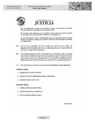 Segundo año de Ejercicio
Primer Periodo Ordinario
Miércoles 21 de septiembre de 2016
GACETA DEL SENADO
Página 26
 
