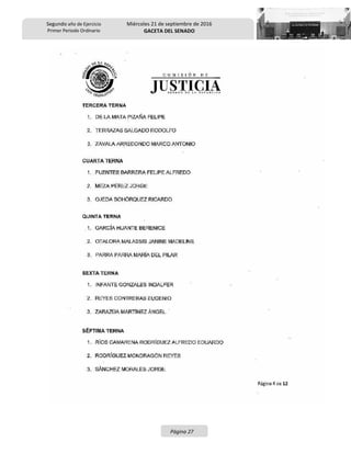 Segundo año de Ejercicio
Primer Periodo Ordinario
Miércoles 21 de septiembre de 2016
GACETA DEL SENADO
Página 27
 