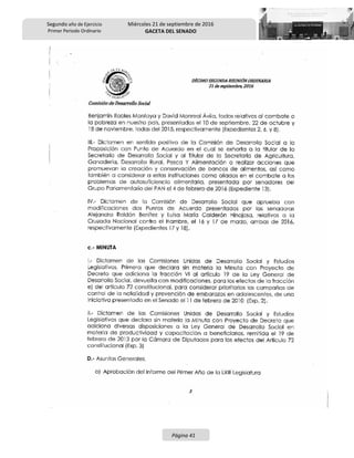 Segundo año de Ejercicio
Primer Periodo Ordinario
Miércoles 21 de septiembre de 2016
GACETA DEL SENADO
Página 41
 
