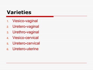 Varieties
1.   Vesico-vaginal
2.   Uretero-vaginal
3.   Urethro-vaginal
4.   Vesico-cervical
5.   Uretero-cervical
6.   Uretero-uterine
 